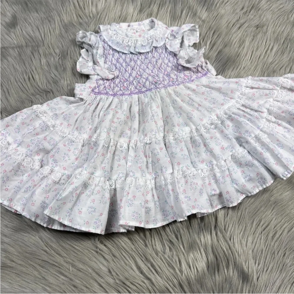 Vintage Polly Flinders White Smocked Floral Ruffle Tie Back Baby Girls Dress